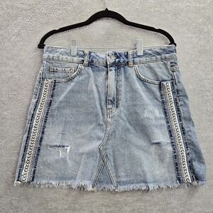 Free People Women Skirt 8 Blue Denim Distressed Embellished Mini Boho Sequins‎